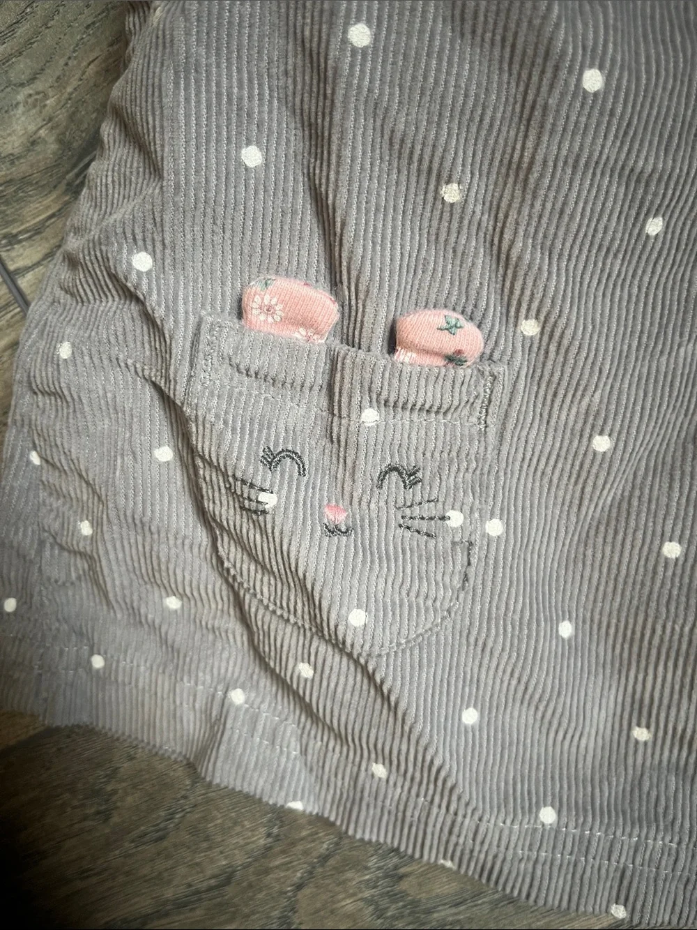 Carter's gray Corduroy Polka Dot Pinafore Overalls with Pink bunny pockets